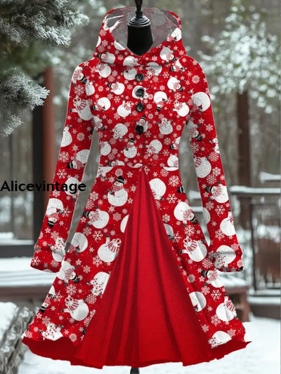 Women’s Fashion Elegant Christmas Art Print Long Sleeve Button Hooded Fake Two Piece Short Dress