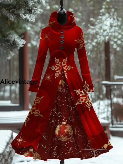 Women’s Fashion Elegant Christmas Art Print Long Sleeve Hooded Button Fake Two Piece Thick Dress