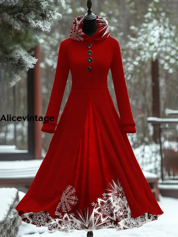 Women’s Fashion Elegant Christmas Art Print Long Sleeve Hooded Button Fake Two Piece Thick Dress