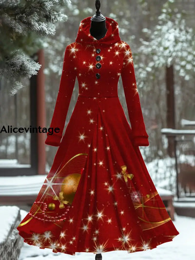 Women’s Fashion Elegant Christmas Art Print Long Sleeve Hooded Button Fake Two Piece Thick Dress