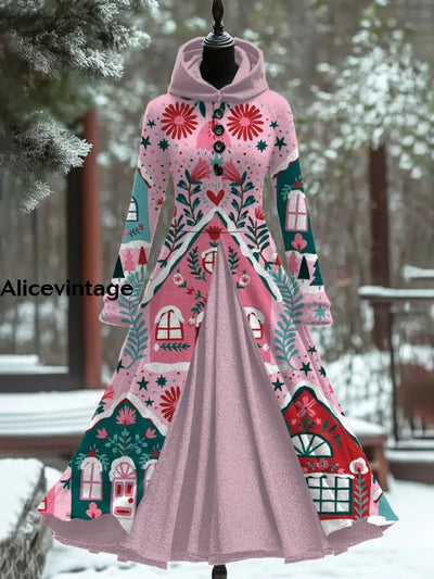 Women’s Fashion Elegant Christmas Art Print Long Sleeve Hooded Button Fake Two Piece Thick Dress