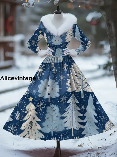 Women’s Fashion Elegant Christmas Art Print Long Sleeve V-Neck Fur Collar Maxi Dress Coat A / S