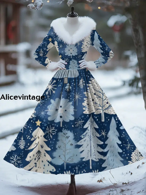 Women’s Fashion Elegant Christmas Art Print Long Sleeve V-Neck Fur Collar Maxi Dress Coat A / S