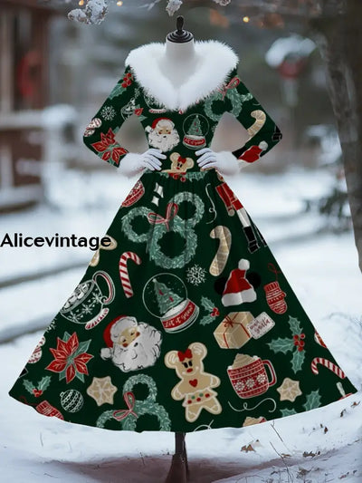 Women’s Fashion Elegant Christmas Art Print Long Sleeve V-Neck Fur Collar Maxi Dress Coat A / S