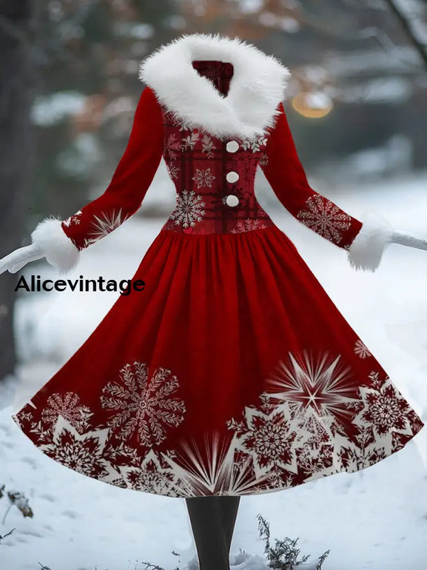 Women’s Fashion Elegant Christmas Art Print V-Neck Fur Collar Long Sleeve Button Midi Dress A / S