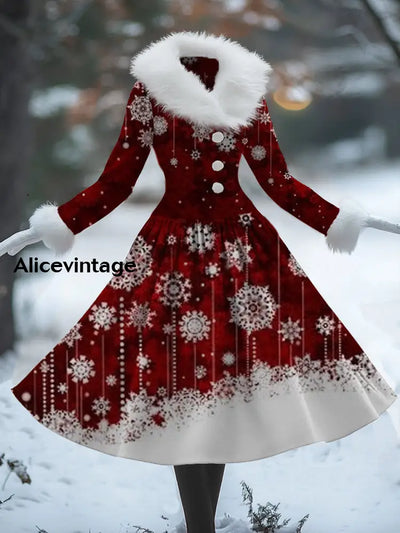 Women’s Fashion Elegant Christmas Art Print V-Neck Fur Collar Long Sleeve Button Midi Dress A / S