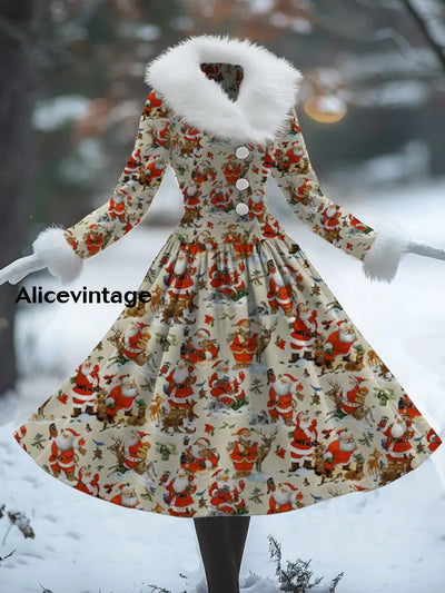 Women’s Fashion Elegant Christmas Art Print V-Neck Fur Collar Long Sleeve Button Midi Dress A / S