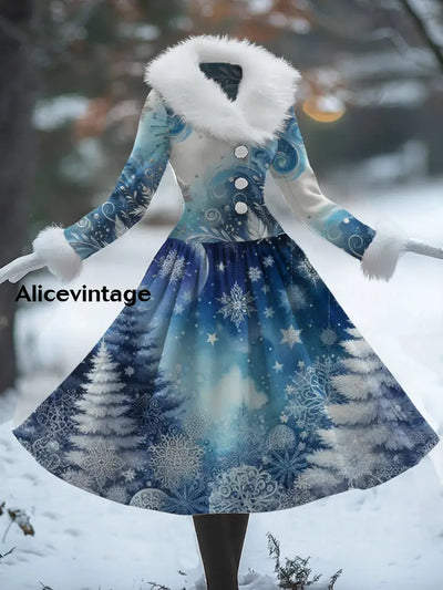 Women’s Fashion Elegant Christmas Art Print V-Neck Fur Collar Long Sleeve Button Midi Dress A / S