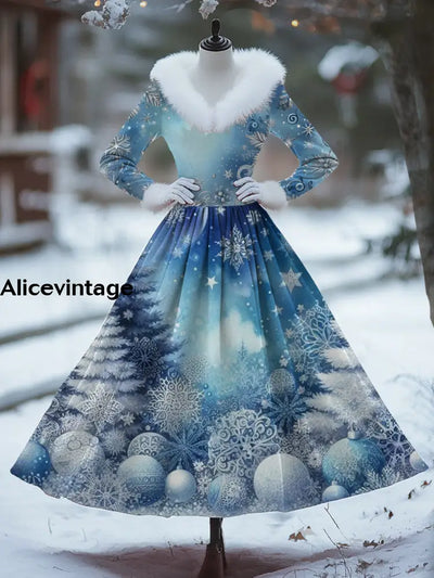 Women’s Fashion Elegant Christmas Art Print V-Neck Fur Collar Thick Dress Coat A / S