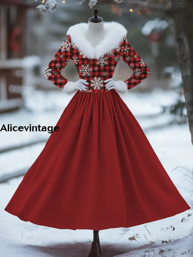 Women’s Fashion Elegant Christmas Art Print V-Neck Fur Collar Thick Dress Coat A / S