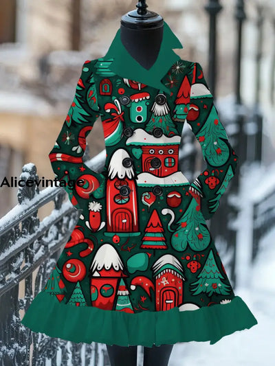 Women’s Fashion Elegant Christmas Art Print V-Neck Lapel Long Sleeve Button Coat A / S