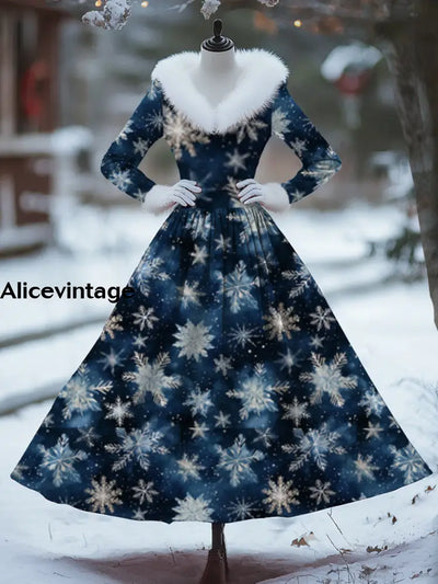 Women’s Fashion Elegant Christmas Art Print V-Neck Long Sleeve Fur Collar Thick Dress Coat A / S