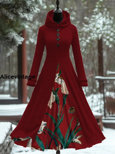 Women’s Fashion Elegant Contrast Color Art Print Hooded Long Sleeve Button Fake Two-Piece Dress