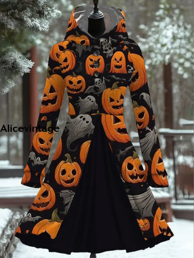 Women’s Fashion Elegant Halloween Art Print Long Sleeve Button Hooded Fake Two Piece Short Dress