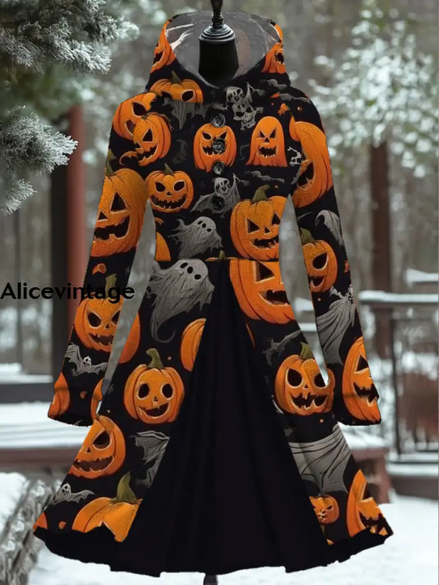 Women’s Fashion Elegant Halloween Art Print Long Sleeve Button Hooded Fake Two Piece Short Dress