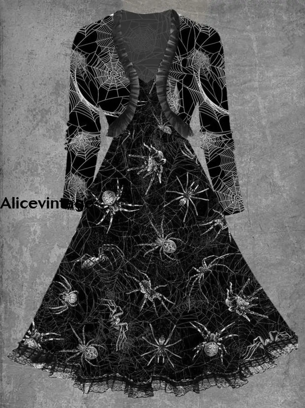 Women’s Fashion Elegant Halloween Art Print Long Sleeve Lace Trim Midi Dress A / S