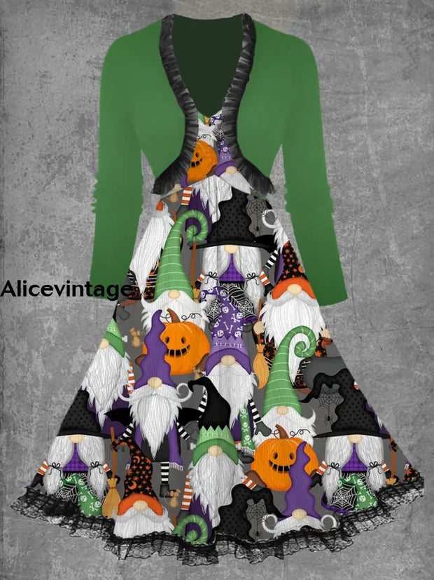 Women’s Fashion Elegant Halloween Art Print Long Sleeve Lace Trim Midi Dress A / S