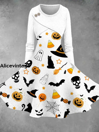 Women’s Fashion Elegant Halloween Art Print Round Neck Midi Dress A / S