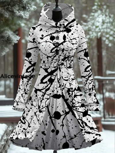 Women’s Fashion Elegant Ink Art Print Long Sleeve Button Hooded Fake Two-Piece Short Dress A / S