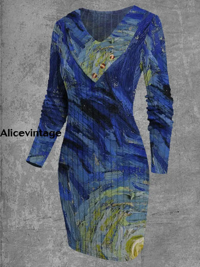 Women’s Fashion Elegant Oil Painting Art Print V-Neck Lapel Long Sleeve Midi Dress A / S