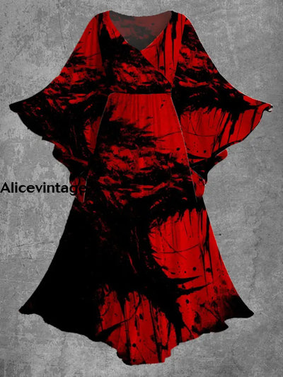 Women’s Fashion Halloween Horror Art Print Bat Sleeve V Neck Maxi Dress A / S