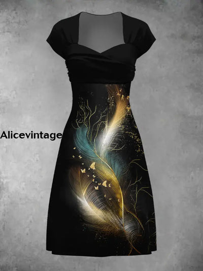 Women’s Feather Art Print Wrap Midi Dress