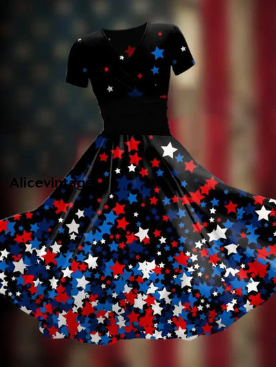 Women’s Independence Day Stars and Stripes Print Dress Black / S