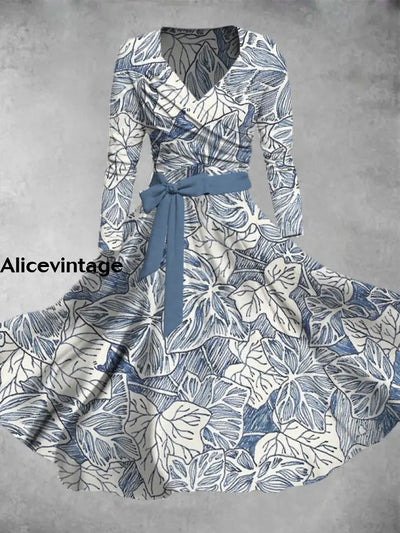 Women’s Line Art Floral Print V-Neck Long Sleeve Tie Midi Dress A / S