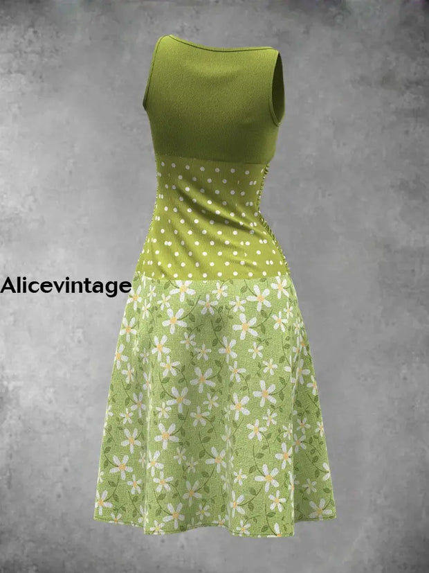 Women’s Little Daisy Polka Dot Stitching Print Sleeveless Dress