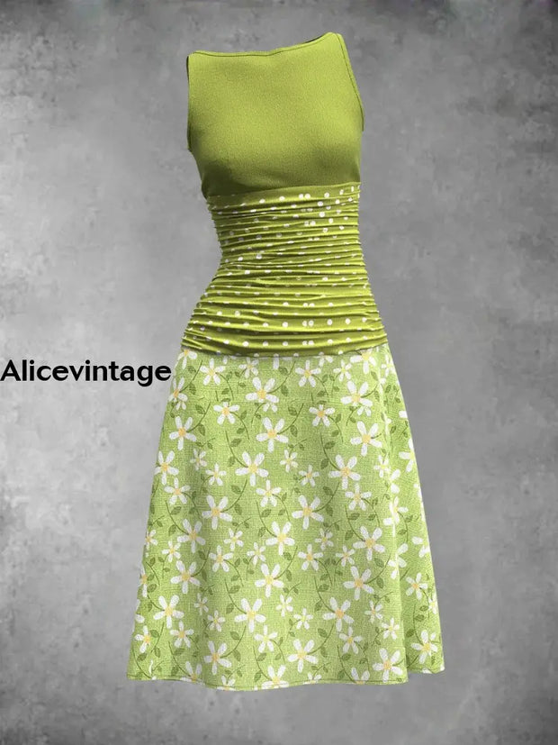 Women’s Little Daisy Polka Dot Stitching Print Sleeveless Dress Color / S