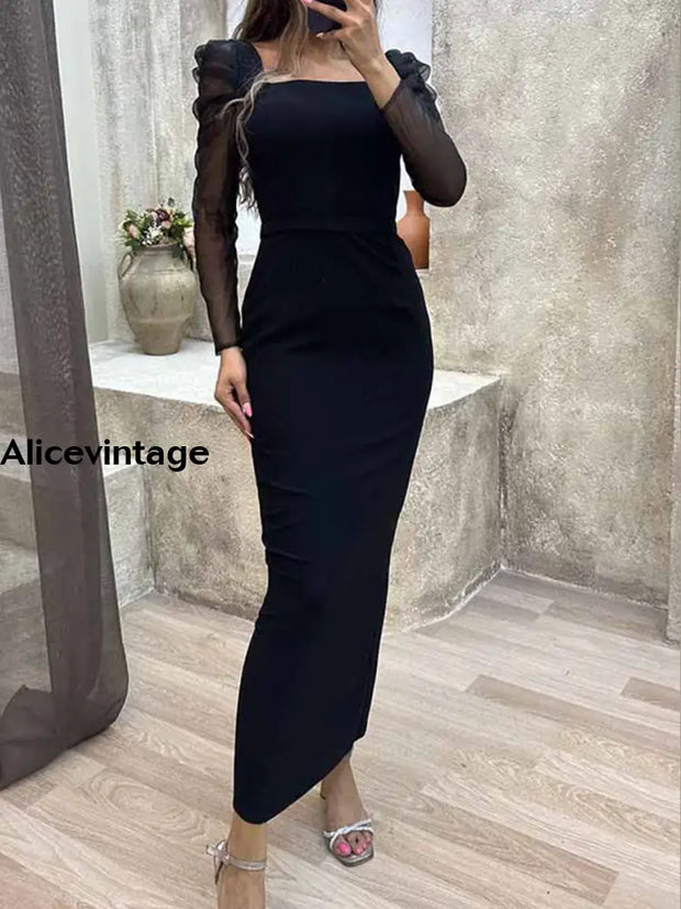 Women’s Retro Black Long Sleeve Slim Fit Hip Maxi Dress / S