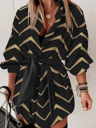 Women’s Retro Black Printed Long Sleeve Shirt Dress / S