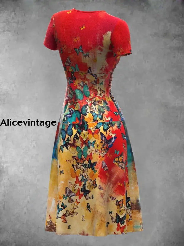 Women’s Retro Butterfly Art Print Short Sleeve Midi Dress