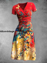 Women’s Retro Butterfly Art Print Short Sleeve Midi Dress Color / S