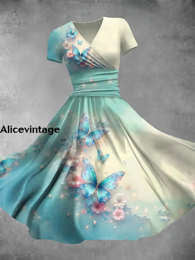 Women’s Retro Butterfly Art Print V-Neck Midi Dress