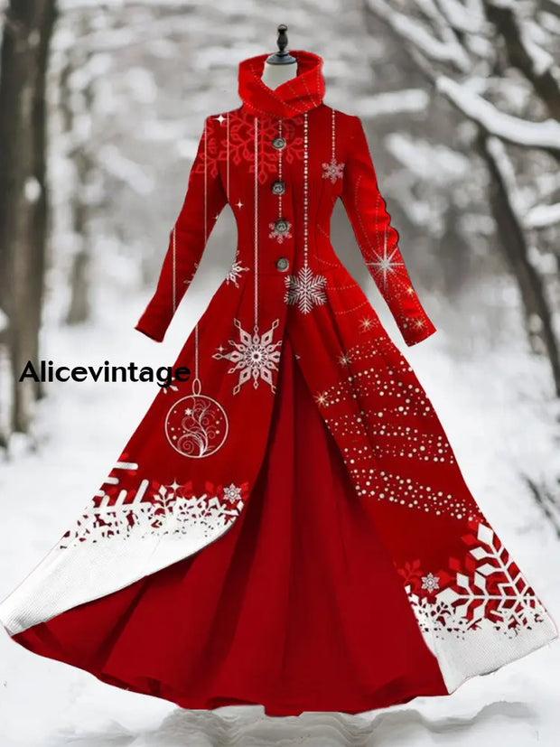 Women’s Retro Christmas Art Print Stand Collar Long Sleeve 50S Elegant Slim Fit Midi Length Dress