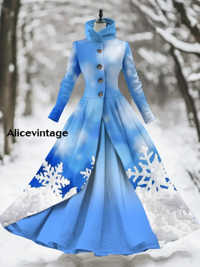 Women’s Retro Christmas Art Print Stand-Up Collar Long Sleeve 50S Elegant Slim Midi Fake