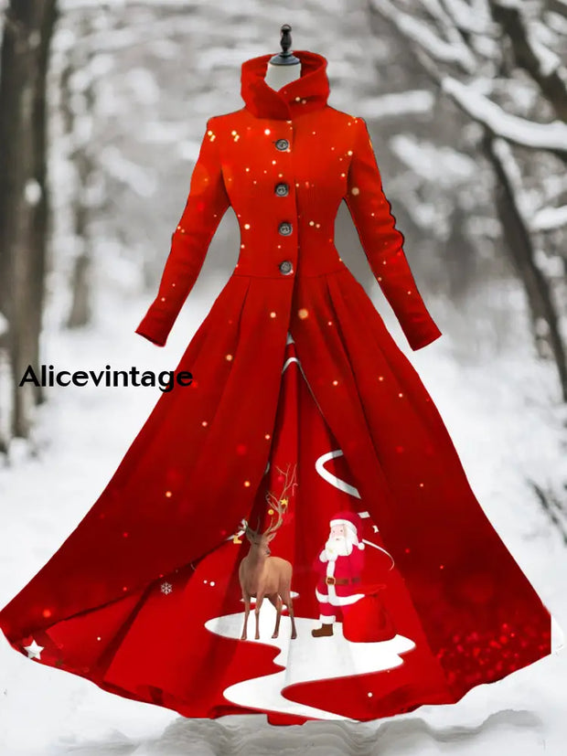 Women’s Retro Christmas Art Print Stand-Up Collar Long Sleeve 50S Elegant Slim Midi Fake