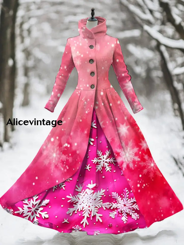 Women’s Retro Christmas Art Print Stand-Up Collar Long Sleeve 50S Elegant Slim Midi Fake