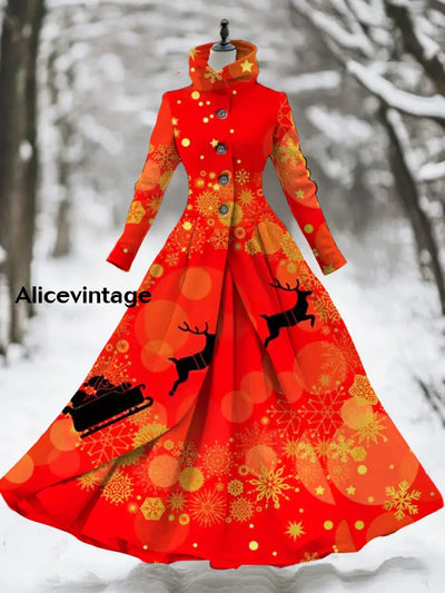 Women’s Retro Christmas Art Print Stand-Up Collar Long Sleeve 50S Elegant Slim Midi Fake