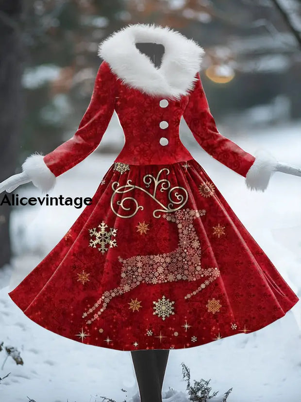 Women’s Retro Christmas Art Print V-Shaped Fur Collar Long Sleeve 50S Elegant Slim Button Midi