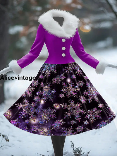 Women’s Retro Christmas Art Print V-Shaped Fur Collar Long Sleeve 50S Elegant Slim Button Midi