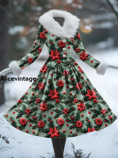 Women’s Retro Christmas Art Print V-Shaped Fur Collar Long Sleeve 50S Elegant Slim Button Midi