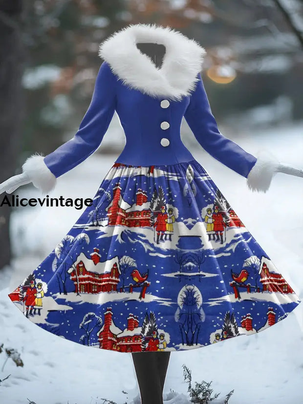 Women’s Retro Christmas Art Print V-Shaped Fur Collar Long Sleeve 50S Elegant Slim Button Midi