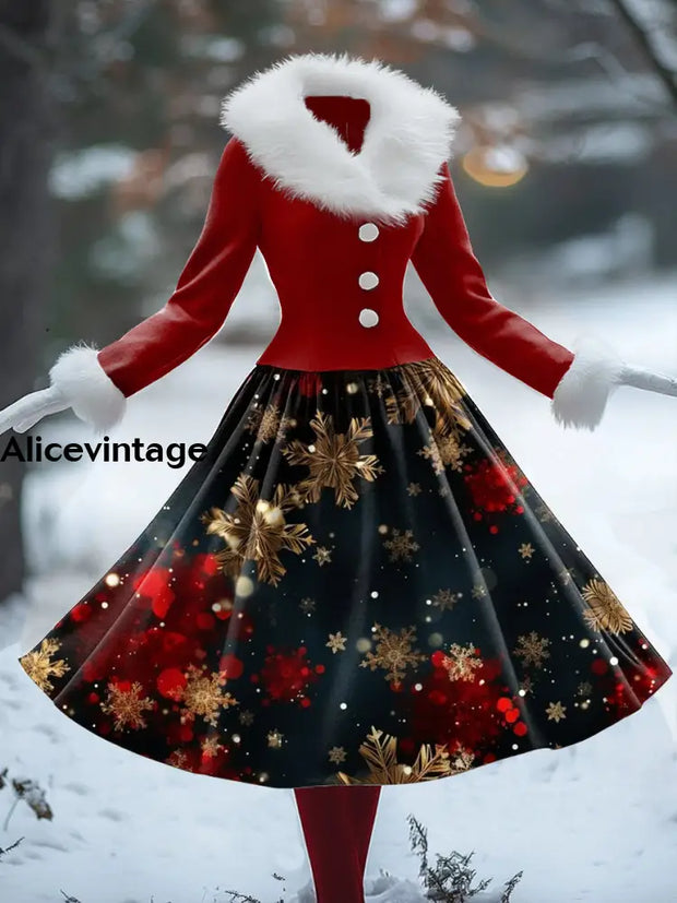 Women’s Retro Christmas Art Print V-Shaped Fur Collar Long Sleeve 50S Elegant Slim Button Midi