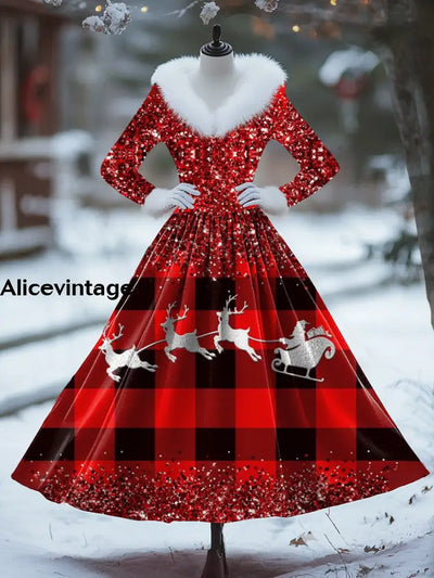 Women’s Retro Christmas Art Print V-Shaped Fur Collar Long Sleeve 50S Elegant Slim Midi Dress A / S