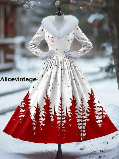 Women’s Retro Christmas Art Print V-Shaped Fur Collar Long Sleeve 50S Elegant Slim Midi Dress A / S