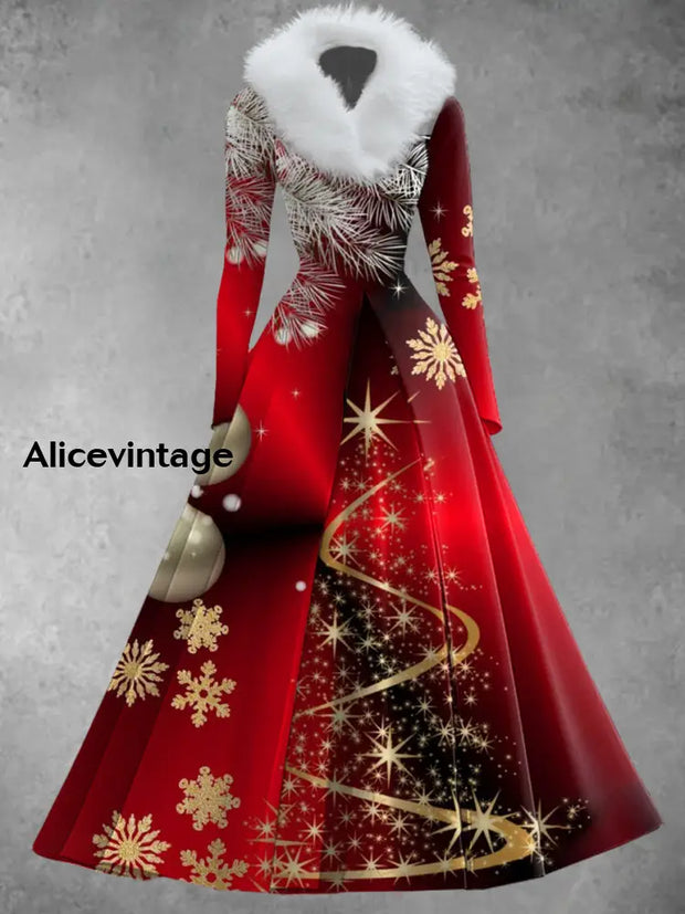 Women’s Retro Christmas Art Print V-Shaped Fur Collar Long Sleeve 50S Elegant Slim Midi Fake