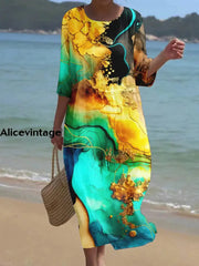 Women’s Retro Colorful Sfumato Art Print Round Neck Short Sleeve Long Dress