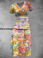 Women’s Retro Colorful Star Art Print V-Neck Midi Dress